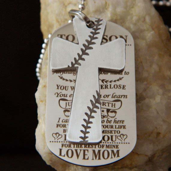 To My Son.... Love Mom Inspirational Etched Baseball Necklace or Keychain